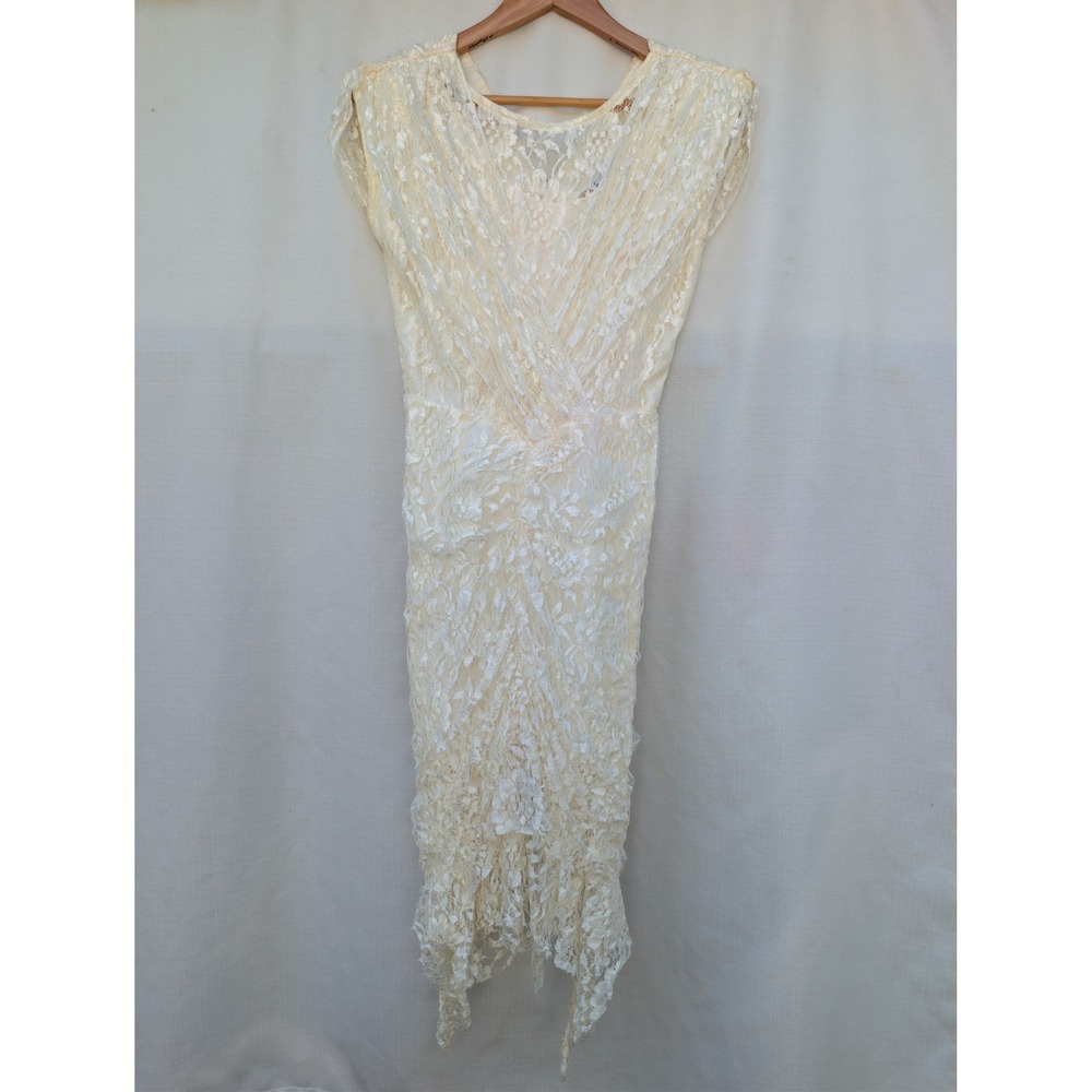 Vtg‎ Coquette Cream Lace Dress Handkerchief Hem Ruched Seneca Alternative Bride